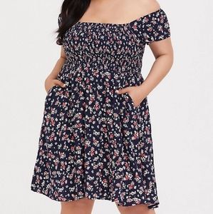 Navy Floral Off Shoulder Skater Dress